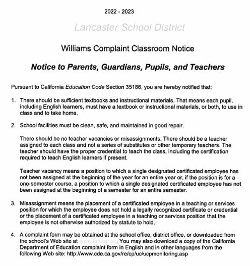 2022-2023 Williams Uniform Complaint Procedures